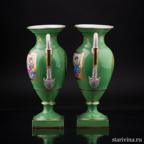Две парные зеленые вазы с цветами, Carl Thieme, Германия, пер. пол. 20 в
