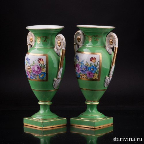 Две парные зеленые вазы с цветами, Carl Thieme, Германия, пер. пол. 20 в