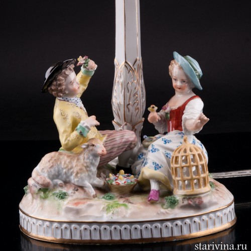 Дети с овечкой и птичьей клеткой, настольная лампа, Carl Thieme, Германия, нач. 20 в