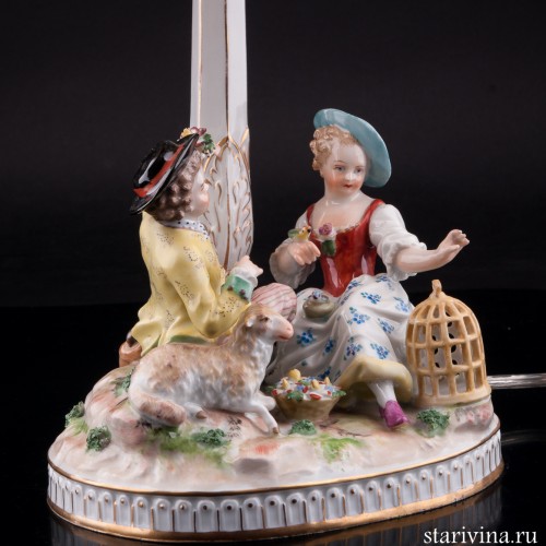 Дети с овечкой и птичьей клеткой, настольная лампа, Carl Thieme, Германия, нач. 20 в