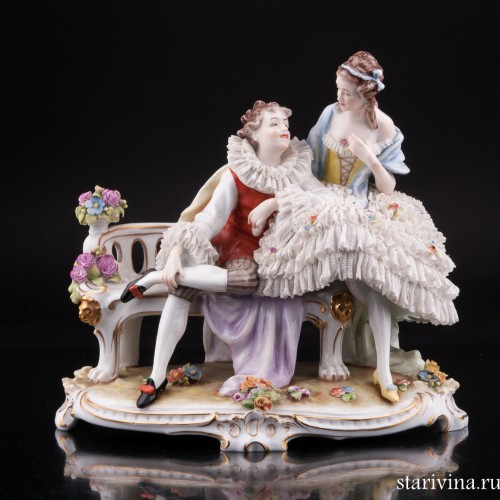 Романтическая пара на скамейке, кружевная, E. A. Muller, Германия, нач. 20 в