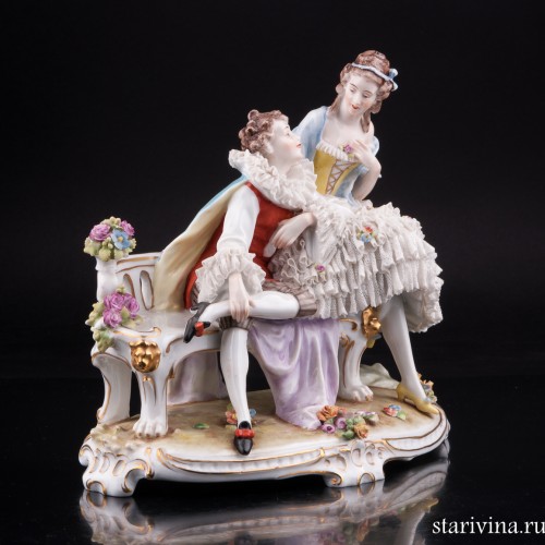 Романтическая пара на скамейке, кружевная, E. A. Muller, Германия, нач. 20 в