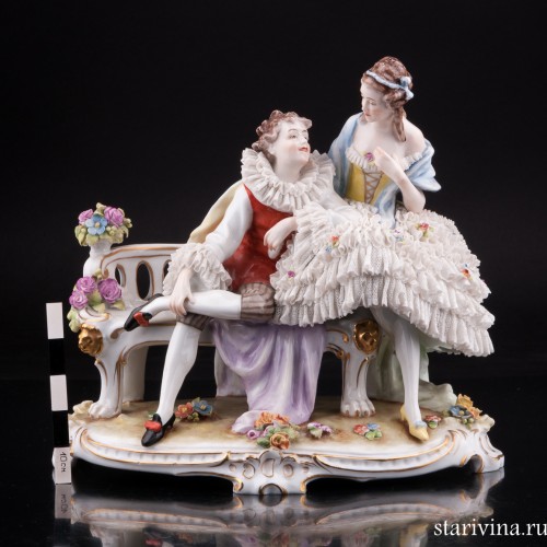 Романтическая пара на скамейке, кружевная, E. A. Muller, Германия, нач. 20 в