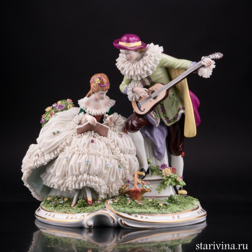 Фарфоровая статуэтка Урок музыки, кружевная Unterweissbach, Германия, сер. 20 в.