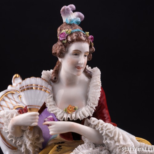 Дама с веером на стуле, кружевная, E. A. Muller, Германия, нач. 20 в