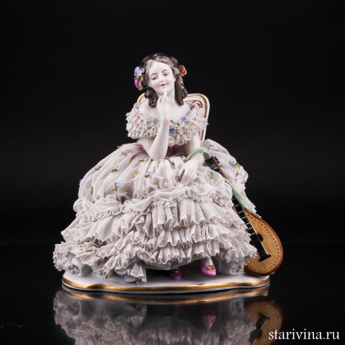 Девушка с лютней, кружевная, Volkstedt, Германия, до 1935 г