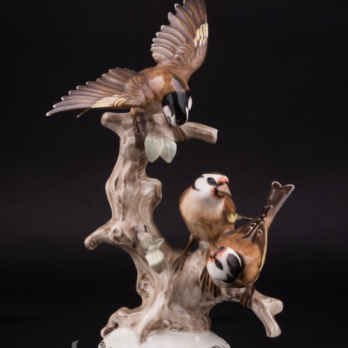 Фарфоровая статуэтка птиц Три щегла на дереве, Hutschenreuther, Германия, 1938-55 гг.