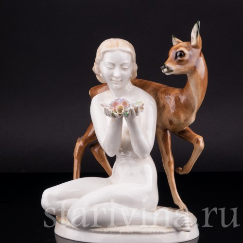 Фигурка из фарфора "Лесная идиллия", обнаженная девушка с ланью, Hutschenreuther, Германия, 1938-55 гг.