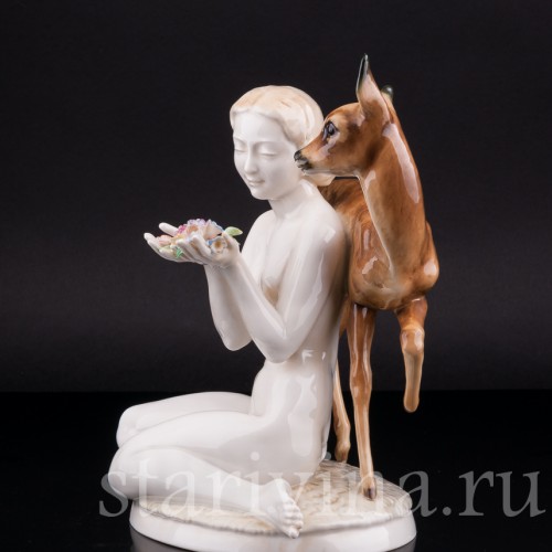 Фигурка из фарфора "Лесная идиллия", обнаженная девушка с ланью, Hutschenreuther, Германия, 1938-55 гг.