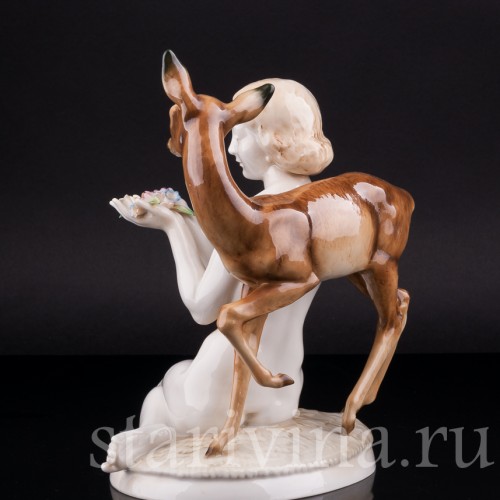 Фигурка из фарфора "Лесная идиллия", обнаженная девушка с ланью, Hutschenreuther, Германия, 1938-55 гг.
