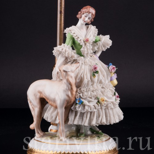 Дама с собакой, кружевная, лампа, Muller & Co, Германия, 1920-30 гг