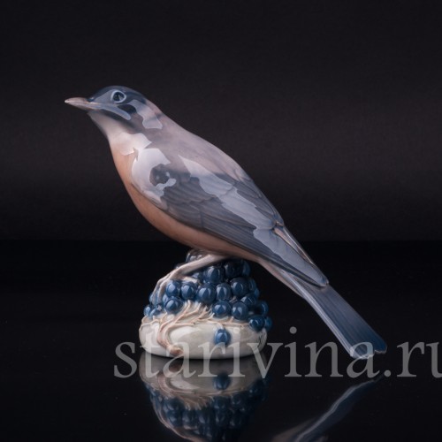 Фигурка птицы из фарфора Дрозд на ягодах, Royal Copenhagen, Дания, 1968 г.