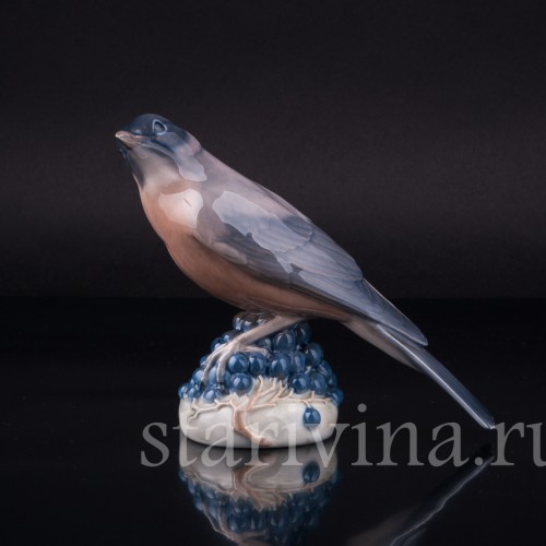 Фигурка птицы из фарфора Дрозд на ягодах, Royal Copenhagen, Дания, 1968 г.