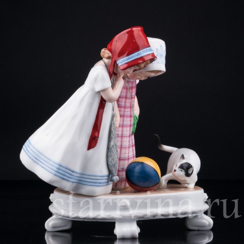 Девочки и котенок, E. A. Muller, Германия, нач. 20 в