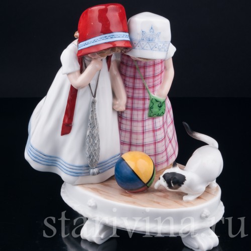 Девочки и котенок, E. A. Muller, Германия, нач. 20 в