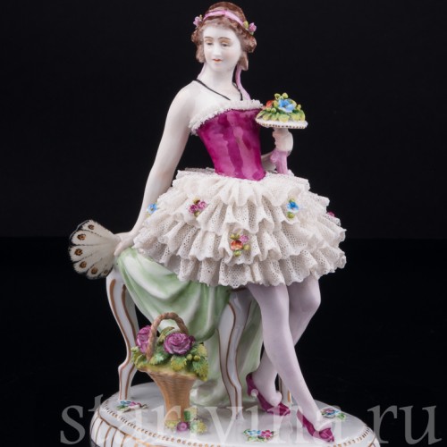Девушка с веером и букетом цветов, кружевная, E. A. Muller, Германия, нач. 20 в