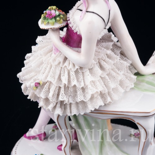Девушка с веером и букетом цветов, кружевная, E. A. Muller, Германия, нач. 20 в