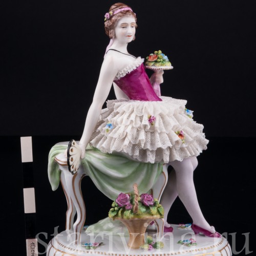 Девушка с веером и букетом цветов, кружевная, E. A. Muller, Германия, нач. 20 в