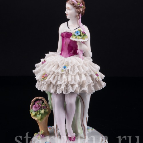 Девушка с веером и букетом цветов, кружевная, E. A. Muller, Германия, нач. 20 в