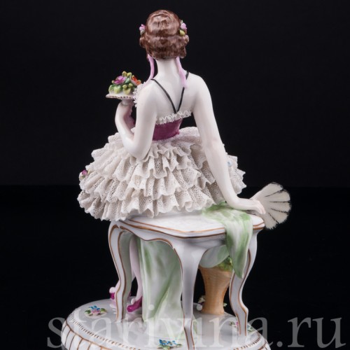 Девушка с веером и букетом цветов, кружевная, E. A. Muller, Германия, нач. 20 в