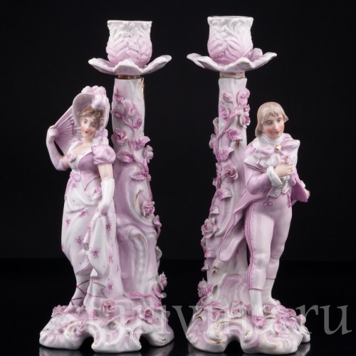 Фарфоровые подсвечники Пара в розовом, Sitzendorf, Германия, 19 в.