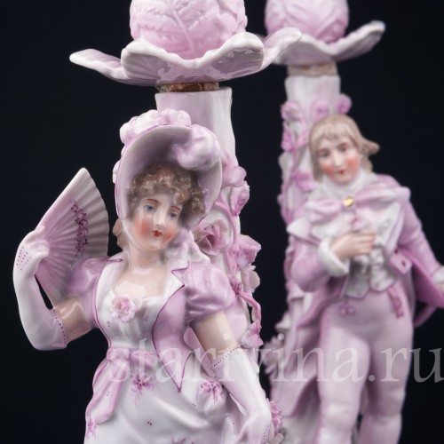 Фарфоровые подсвечники Пара в розовом, Sitzendorf, Германия, 19 в.
