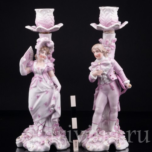 Фарфоровые подсвечники Пара в розовом, Sitzendorf, Германия, 19 в.