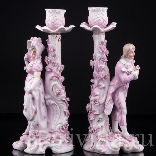 Фарфоровые подсвечники Пара в розовом, Sitzendorf, Германия, 19 в.
