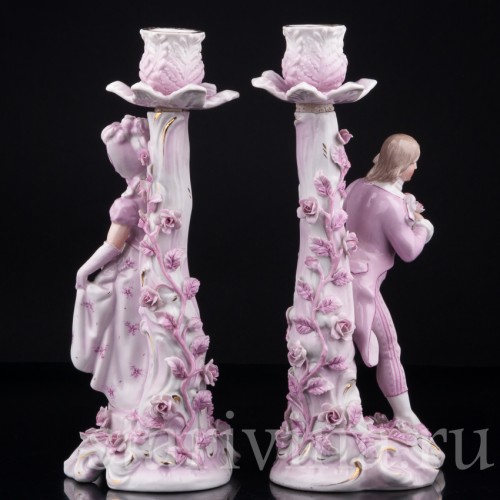 Фарфоровые подсвечники Пара в розовом, Sitzendorf, Германия, 19 в.