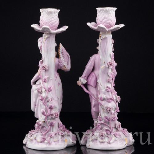Фарфоровые подсвечники Пара в розовом, Sitzendorf, Германия, 19 в.