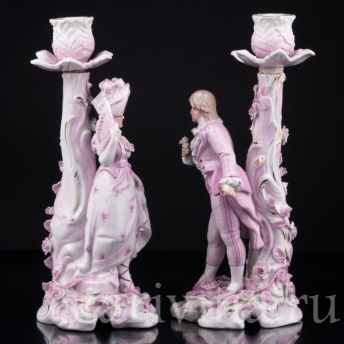 Фарфоровые подсвечники Пара в розовом, Sitzendorf, Германия, 19 в.