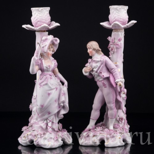 Фарфоровые подсвечники Пара в розовом, Sitzendorf, Германия, 19 в.