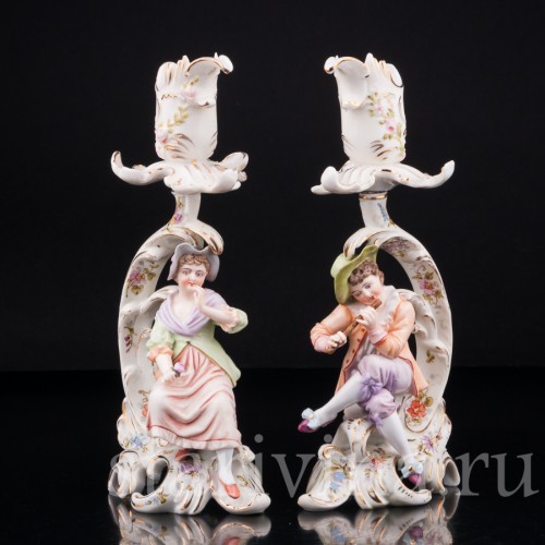 Фарфоровые Рокальные подсвечники с фигурками мужчины и женщины, E. A. Muller, Германия, кон. 19 - нач. 20 вв.