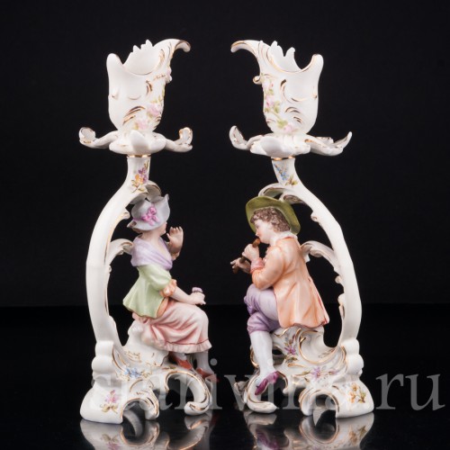 Фарфоровые Рокальные подсвечники с фигурками мужчины и женщины, E. A. Muller, Германия, кон. 19 - нач. 20 вв.