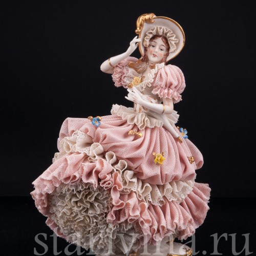 Порыв ветра, девушка в шляпке с зонтиком, кружевная, Ackermann & Fritze, Германия, нач. 20 в