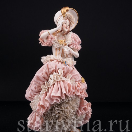 Порыв ветра, девушка в шляпке с зонтиком, кружевная, Ackermann & Fritze, Германия, нач. 20 в