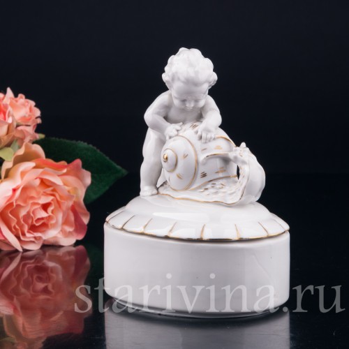 Старинная фигурка из фарфора Малыш с улиткой, шкатулка, Hertwig & Co, Германия, 1920-30 гг.