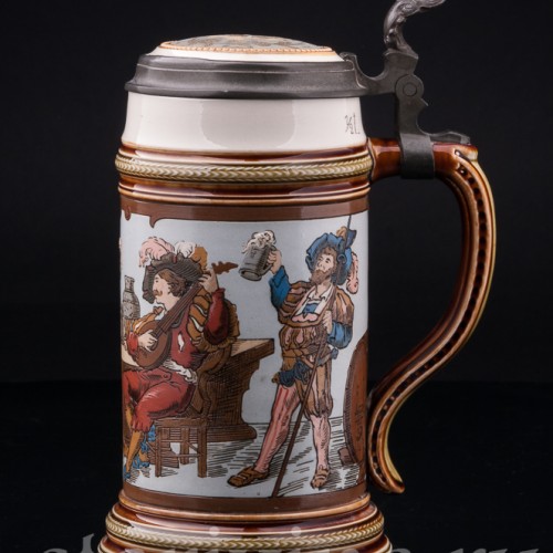 Старинная пивная кружка Ландскнехты, с музыкальной шкатулкой 1/2 л, Villeroy & Boch, Германия, 1910 г.