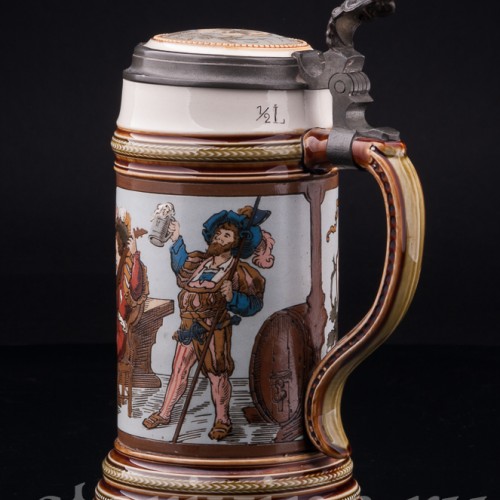 Старинная пивная кружка Ландскнехты, с музыкальной шкатулкой 1/2 л, Villeroy & Boch, Германия, 1910 г.