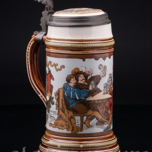 Старинная пивная кружка Ландскнехты, с музыкальной шкатулкой 1/2 л, Villeroy & Boch, Германия, 1910 г.