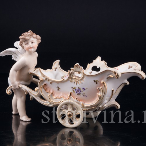 Антикварная фарфорвая статуэтка Ангелочек с возком, Volkstedt, Германия, 19 в.