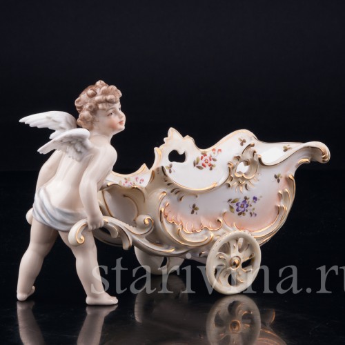 Антикварная фарфорвая статуэтка Ангелочек с возком, Volkstedt, Германия, 19 в.