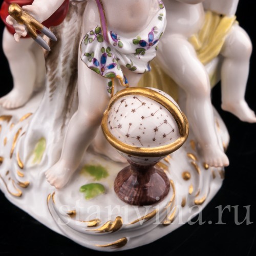 Антикварная фарфоровая композиция Астрономия, три путти, аллегория науки, Meissen, Германия, кон. 19 - нач. 20 вв.