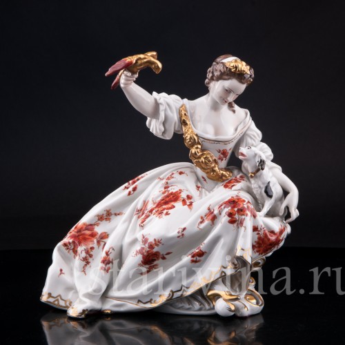 Фарфорвая статуэтка Дама с попугаем и собачкой, Volkstedt, Германия, до 1935 г.