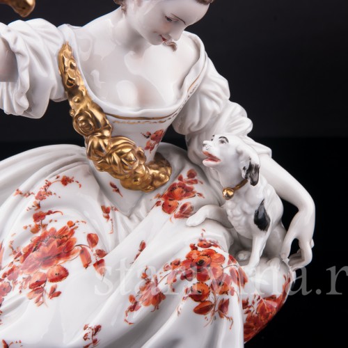 Фарфорвая статуэтка Дама с попугаем и собачкой, Volkstedt, Германия, до 1935 г.