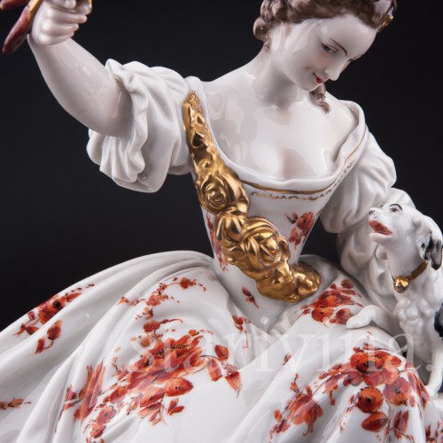 Фарфорвая статуэтка Дама с попугаем и собачкой, Volkstedt, Германия, до 1935 г.