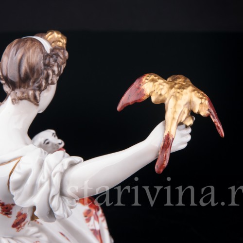 Фарфорвая статуэтка Дама с попугаем и собачкой, Volkstedt, Германия, до 1935 г.