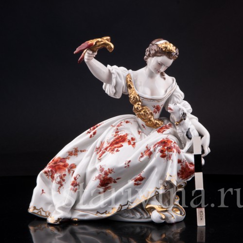 Фарфорвая статуэтка Дама с попугаем и собачкой, Volkstedt, Германия, до 1935 г.