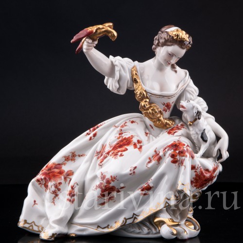 Фарфорвая статуэтка Дама с попугаем и собачкой, Volkstedt, Германия, до 1935 г.
