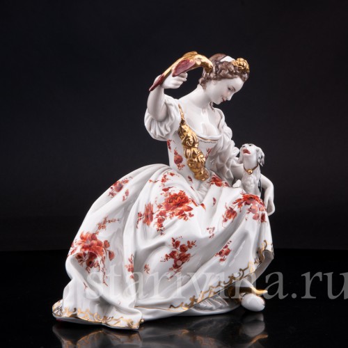 Фарфорвая статуэтка Дама с попугаем и собачкой, Volkstedt, Германия, до 1935 г.